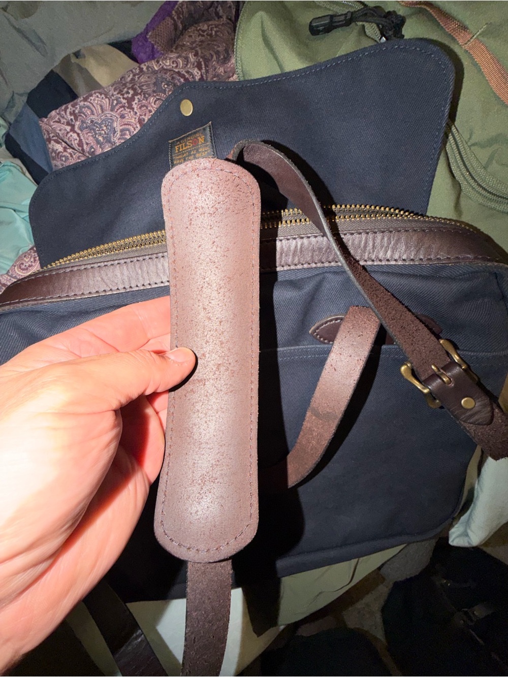 Filson Navy Canvas Messenger Bag with Brown Leather Trim